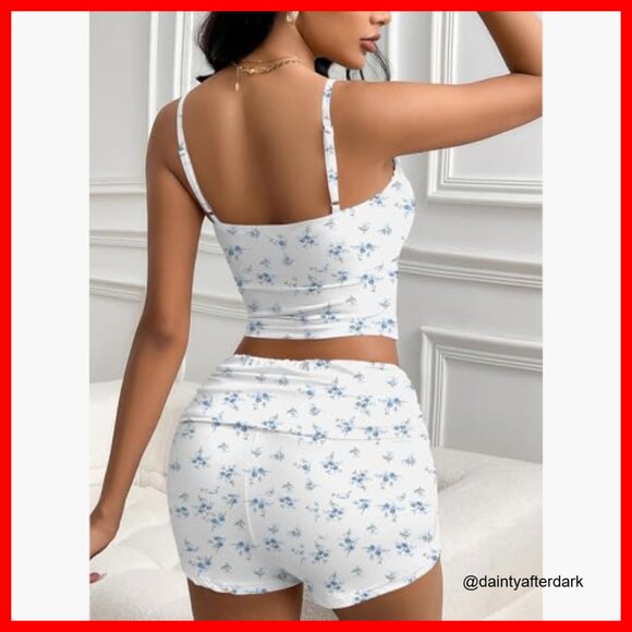 Sexy Pajama Set 2 Piece Lace Trim Cami Crop Tops and Ruched Shorts - Picture 3 of 7